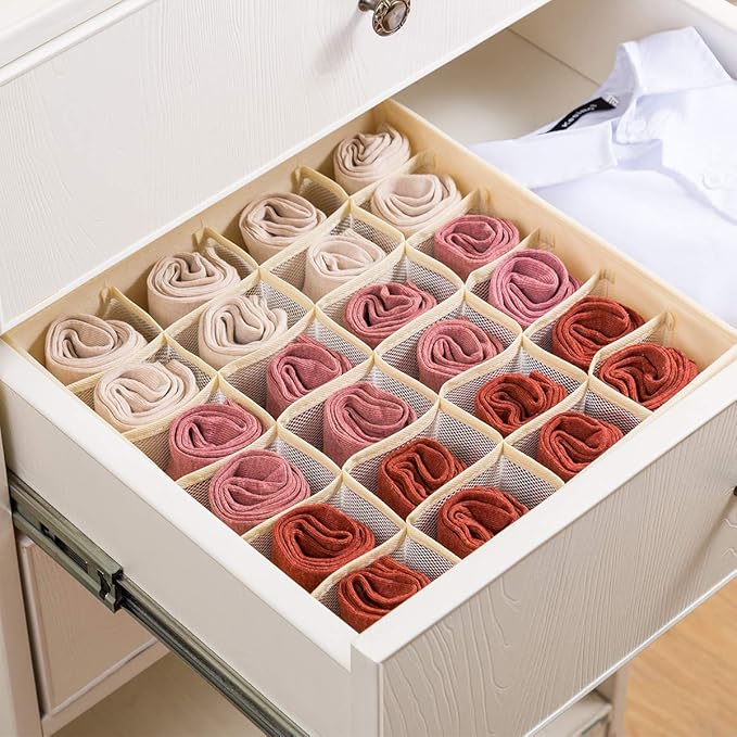 Qozary 2 Pack Socks Underwear Drawer Organizer Divider, 24 Cell or 16 Cell Collapsible Cabinet Closet Organizer Storage Boxes for Clothes, Socks, Lingerie, Underwear, Ties