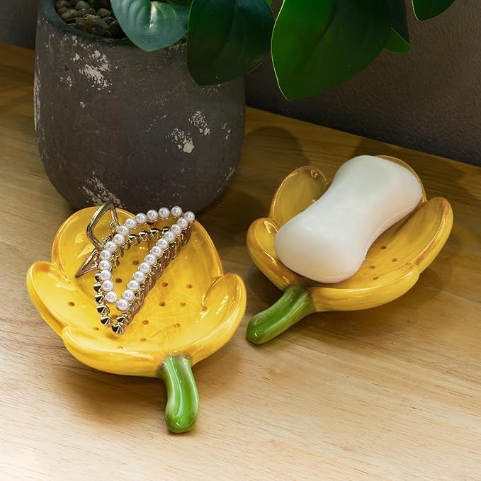 Ceramic Soap Dish Holder for Bathroom, Flower Bar Holder for Shower, Easy Cleaning Saver Tray Decoration for Bathroom, Sinks, Kitchen (Orange)