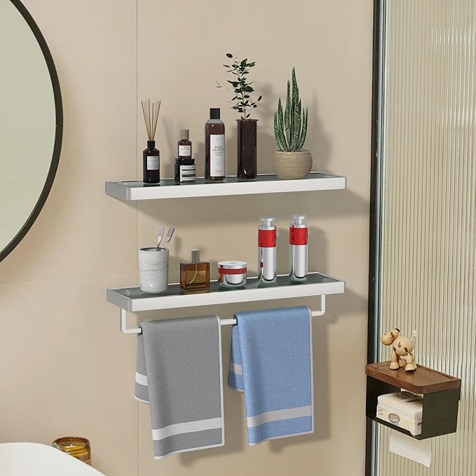 Glass Shelves/Shelf Wall Mount 20-in with Towel Bar/Rack Floating Shelves for Bathroom Tempered Glass Rectangular 1 Tier Organizer Wall Shelf (Brushed Nickel, 20'')