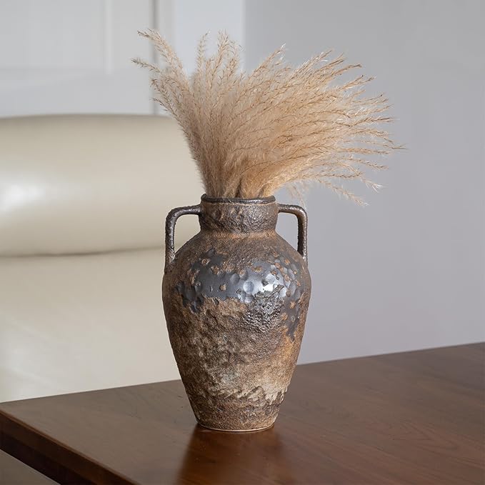 Ceramic Rustic Farmhouse Vase with 2 Handles, Brown 10" Vintage Distressed Clay Flower Vase, Pottery Terracotta Handmade Decor for Home Living Room Table Centerpiece
