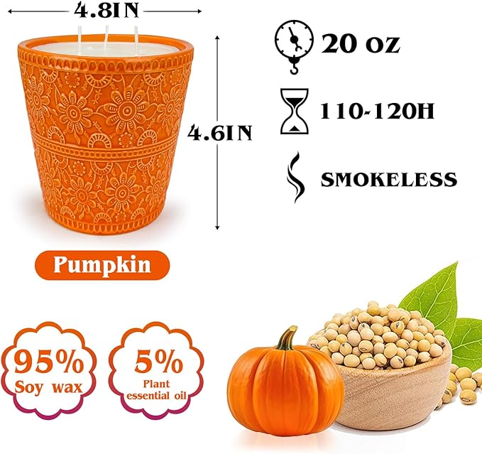 Delicate Orange Porcelain Aromatherapy Candle, Pumpkins Oils and Natural Soy Wax, Halloween Party Thanksgiving Decorations Fall Candles, Home Scented Candles Gift Set for Harvest Decor