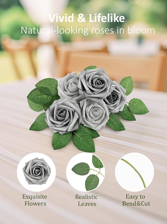 N&T NIETING Roses Artificial Flowers, 50Pcs Fake Flowers Foam Roses with Stems for DIY Wedding Bridesmaid Bridal Bouquets Centerpieces Party Home Decoration Baby Shower, Silver White and Silver Grey