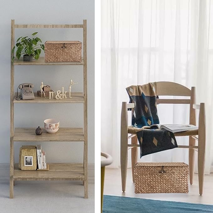 Hipiwe Wicker Shelf Baskets Bin with Lid, Handwoven Seagrass Basket Storage Bins Rectangular Household Basket Boxes for Shelf Wardrobe Home Organizer, Coffee Small