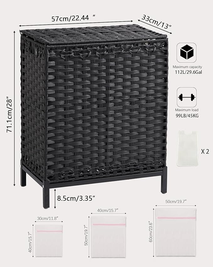 Laundry Hamper with Lid, 112 L Handwoven Rattan Wicker Laundry Basket, 2 Removable Liner Bags Metal Heightened Feet, 6 Mesh Bags, 2 Section Large Clothes Hamper for Bathroom Bedroom, Black