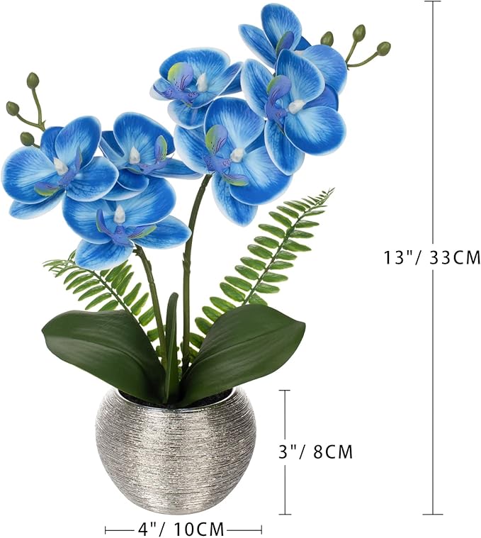 Briful Fake Orchid Flowers 13'' Blue Orchids Artificial Flowers with Silver Ceramic Vase Faux Orchid for Home Office Decor Indoor