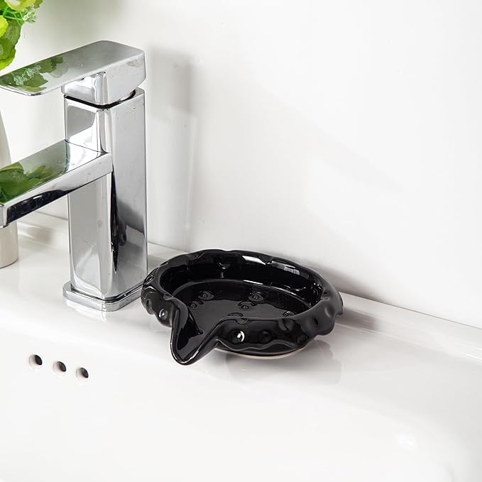 Ceramic Soap Dishes with Drain Spout, Modern Bathroom Countertop Soap Holder, Porcelain Soap Tray for Sink, Black.