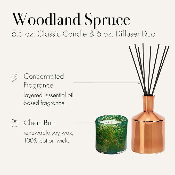 LAFCO New York Woodland Spruce Classic Candle & Diffuser Set - Reusable Glass Vessels - Made in The USA