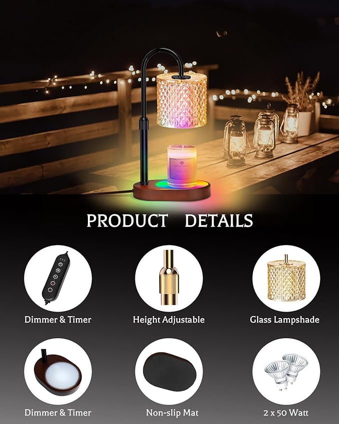 Candle Warmer Lamp with 8 Colors LED Changing and Timer Dimmer, Candle Warmer with RGB Model Height Adjustable for All Size Scented Candles with 2 Bulbs, Christmas Gift for Mom, Wife,Friends