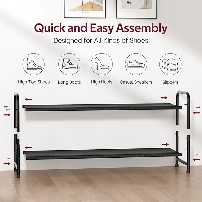 SLEEPING LAMB Long 2-Tier Shoe Organizer for Closet, Stackable Wide Shoe Rack Holds 18-Pairs Low Shoe Shelf Storage for Bedroom, Floor, Entryway(Black)