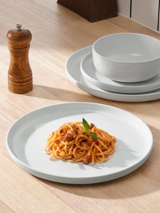Famiware Dawn Plates and Bowls Sets, 12 Pieces Stoneware Dinnerware Sets, Dishes Set for 4, Microwave and Dishwasher Safe, White