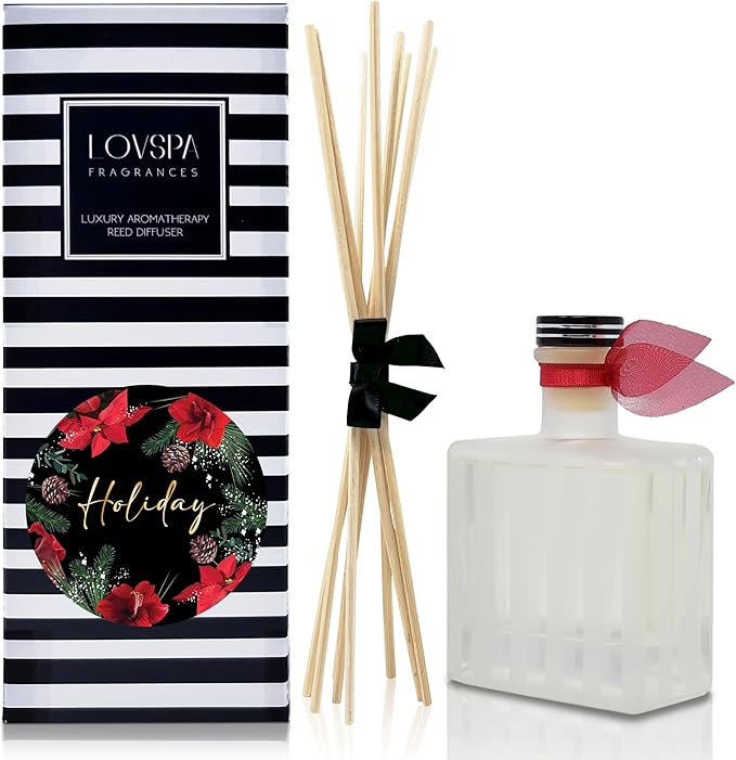 LOVSPA Holiday Reed Diffuser Gift Set - Evergreen, Pine, Red Currant & Juniper Berry Essential Oils - Holiday Scented Reed Diffuser for Large Rooms - Made in The USA