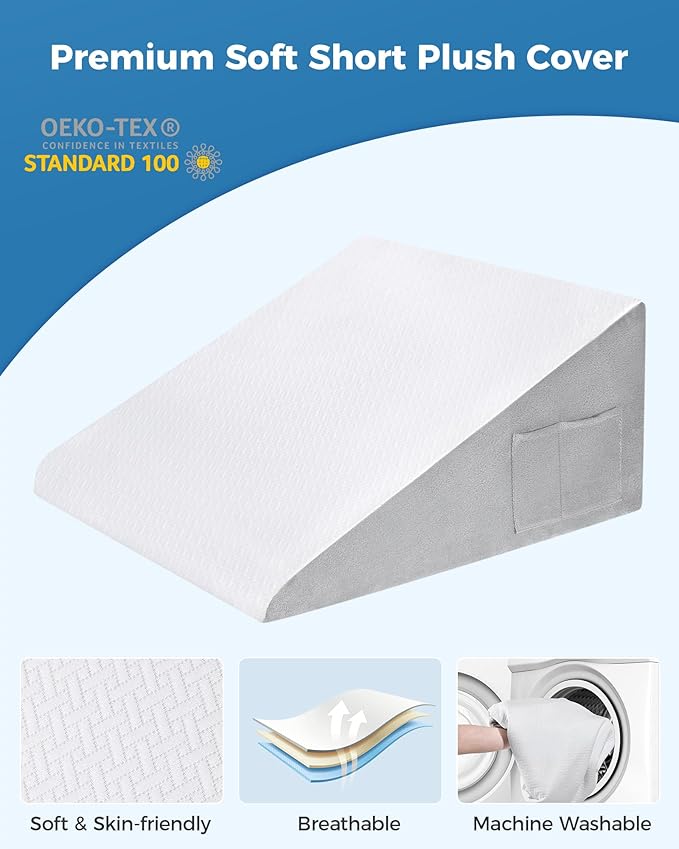 Wedge Pillow for Sleeping, 12 Inch Bed Wedge Pillow for After Surgery, Acid Reflux, Memory Foam Top Triangle Pillow Wedge for Head, Back, Leg with Knitted Breathable Cover