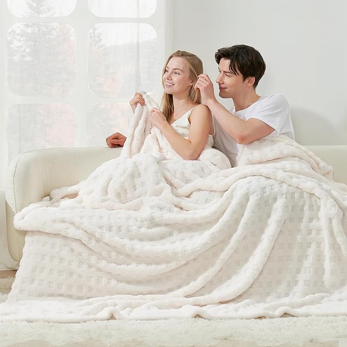 Cozy Bliss Soft Queen Size Waffle Blanket - Lightweight Cozy Blankets Gift for Women,Cute Checkered Throws Blanket for Bed, Couch and Sofa,Ivory,90x90 Inches