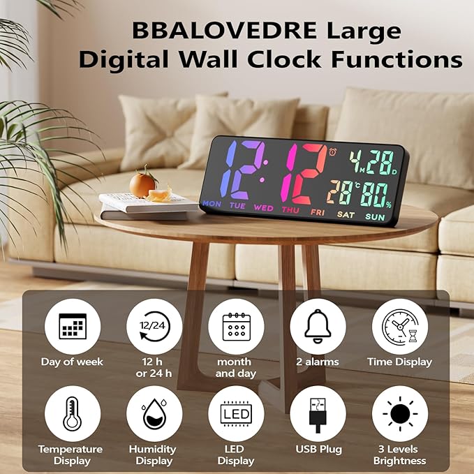 13.8 Inch Large Digital Wall Clock,Led Digital Clock Large Display with Temperature,Humidity Alarm,for Classroom,Living Room,Bedroom,Office,Home,Gym,Ideal for Seniors