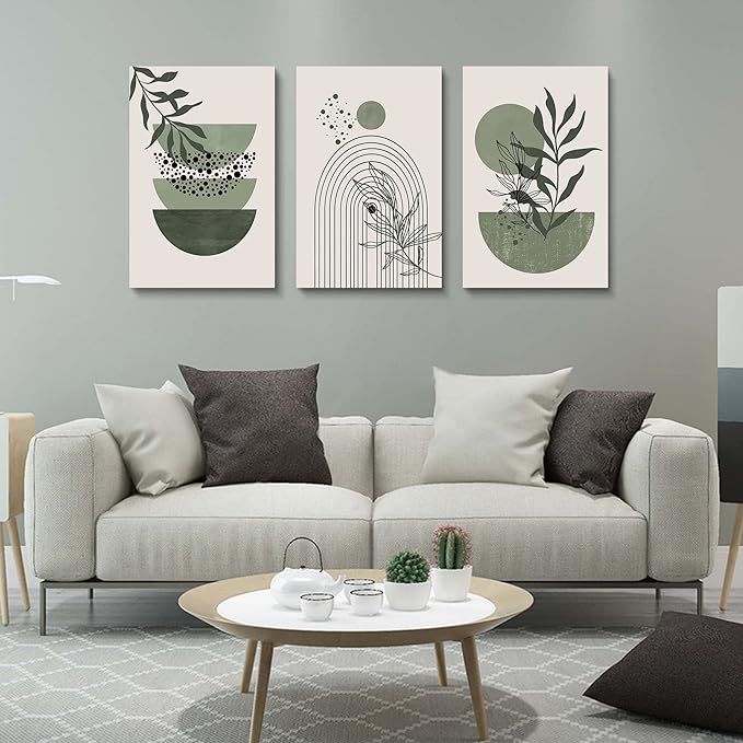 Sage Green Wall Posters & Prints, Green Boho Wall Art Set of 3, Minimalist Framed Wall Art Geometric Line Leaf Sun Moon Beige Green Canvas Artwork Paintings