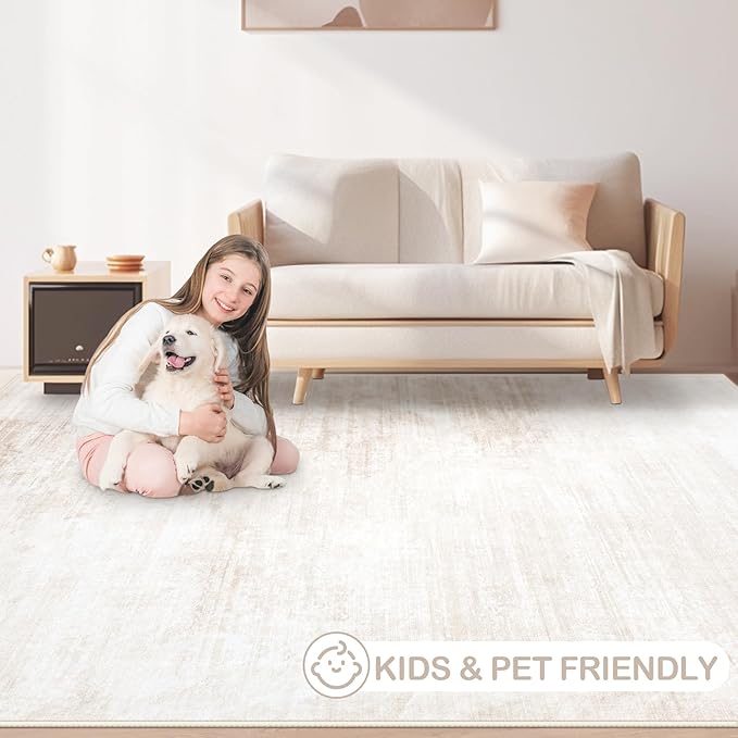 Area Rug 3x5 Washable Rug: Living Room Modern Abstract Rug Soft Non Slip Neutral Rug Stain Resistant Small Rug Indoor Door Mat for Bedroom Kitchen Nursery Hallway Entryway Office(Beige,3'x5')
