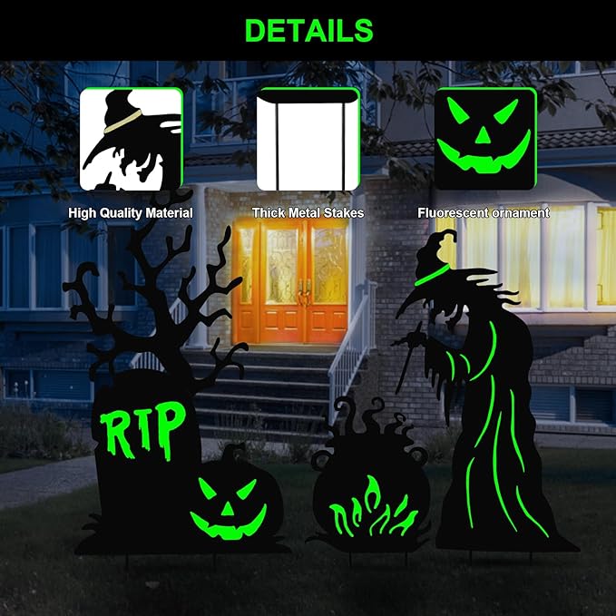 Halloween Yard Signs Outdoor Decorations,3 Pack Warerproof Scary Witch Tombstone Cauldron Fluorescent Metal Stakes Glow in The Dark for Lawn Garden Halloween Decor (Witch Tombstone Cauldron)