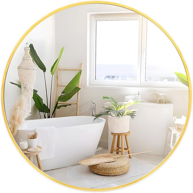 Fabuday Round Gold Mirror 28 Inch - Large Circle Mirror for Bathroom, Bedroom, Living Room, Hallway Decor, Hanging Big Golden Framed Circular Mirror