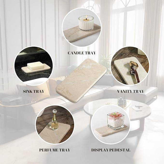 Koville Luxury Natural Turkish Marble Tray, Set of 2 Small Decorative Tray, Soap Dispenser Tray for Kitchen Sink, Bathroom Vanity Trays for Counter