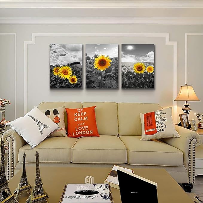 Large size Canvas Wall Art for Living Room family Bedroom wall painting Decoration,Bathroom Wall Decor kitchen Home Decoration Black and white sunflower flowerswall pictures artwork,16x24 3 piece