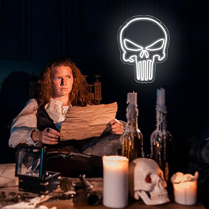 JFLLamp Skull Punisher Neon Signs for Wall Decor Punisher Logo Neon Lights for Bedroom Led Signs Suitable for Man Cave Living Room Bar Cafe Unique Gift for Lover, 5V USB Power 16.5 * 13 Inch(White)