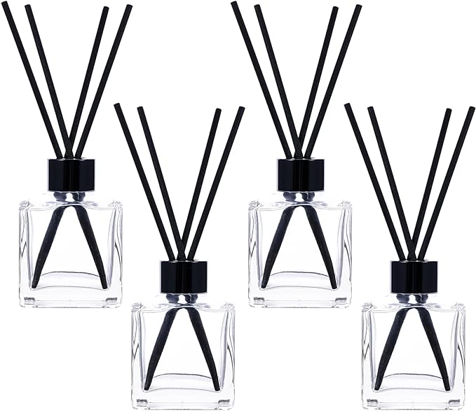 frangrance Glass Diffuser Bottles Diffuser Jars with Black Color caps and Reed Sticks Set of 4 pcs 150ml Fragrance Accessories use for DIY Replacement Reed Diffuser Sets