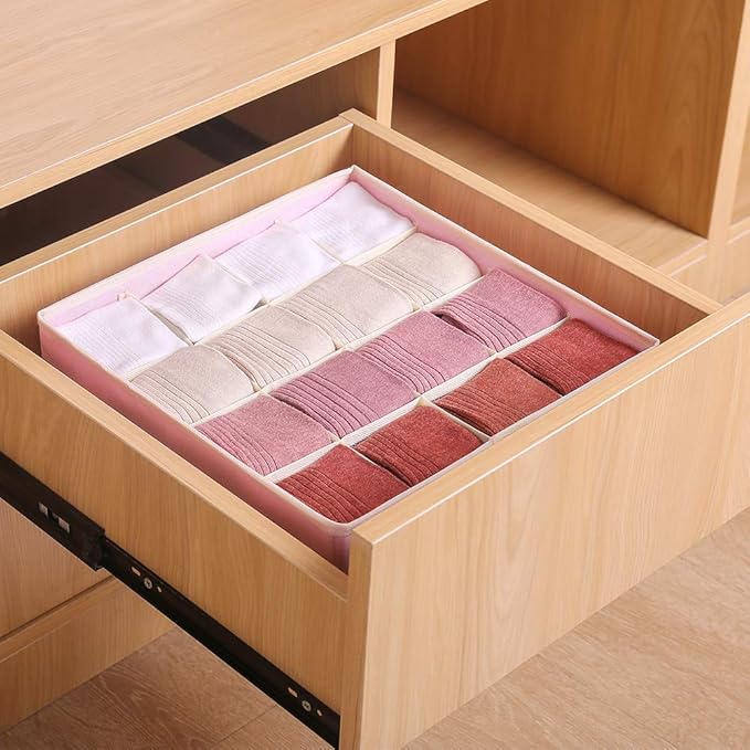Qozary 2 Pack Socks Underwear Drawer Organizer Divider, 24 Cell or 16 Cell Collapsible Cabinet Closet Organizer Storage Boxes for Clothes, Socks, Lingerie, Underwear, Ties
