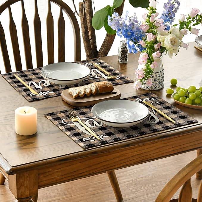 Artoid Mode Wood Love Family Home Together Buffalo Plaid Placemats Set of 4, 12x18 Inch Farmhouse Table Mats Party Kitchen Dining Decoration