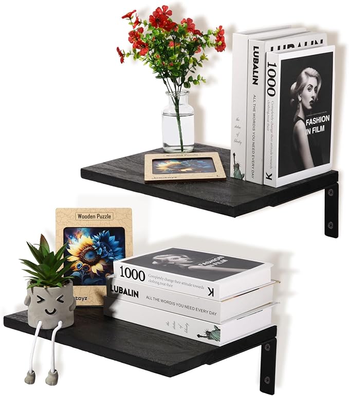 Floating Shelves for Wall,12 Inch Deep Floating Shelf with Brackets,Wood Wall Shelves,Wall Mounted Bookshelf for Living Room,Bedroom,Kitchen,Office,Storage and Display Shelf Set (Black)