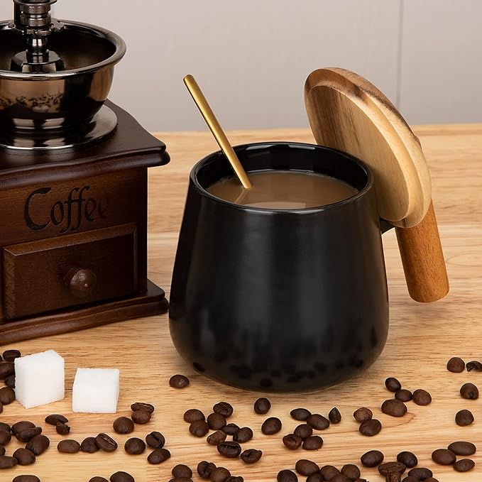Ceramic 14 Oz Coffee Mug, Tea Cup for Office and Home, Coffee Cup with Lid and Spoon, Birthday Gifts, House Warming Presents for New Home, 1 Pack (Black)