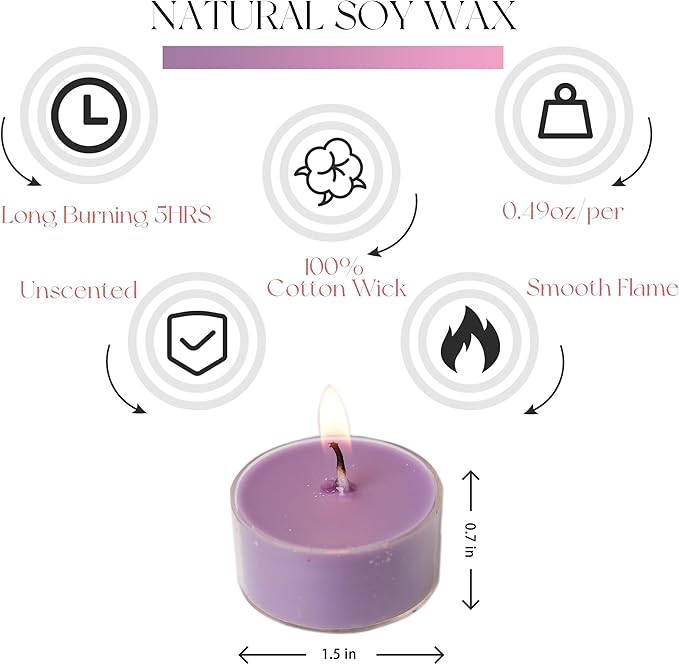 12 Unscented Natural Soy Tealight Candles in Clear Cups, 5H Long Clean Burning, Hand-Poured Purple Mini Tea Candle Set for Parties, Spa, Meditation, Gift, Holiday, Emergency, Home Decor