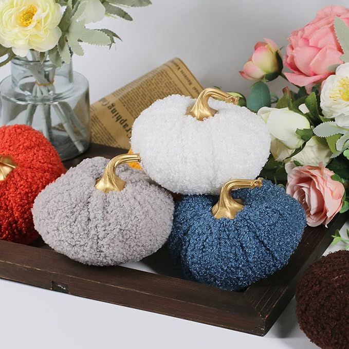 Ogrmar 6 Pack Fabric Artificial Pumpkins Set Teddy Velvet Decoration Pumpkins Lifelike Harvest Pumpkins for Halloween Fall Harvest Festival, Thanksgiving Decoration
