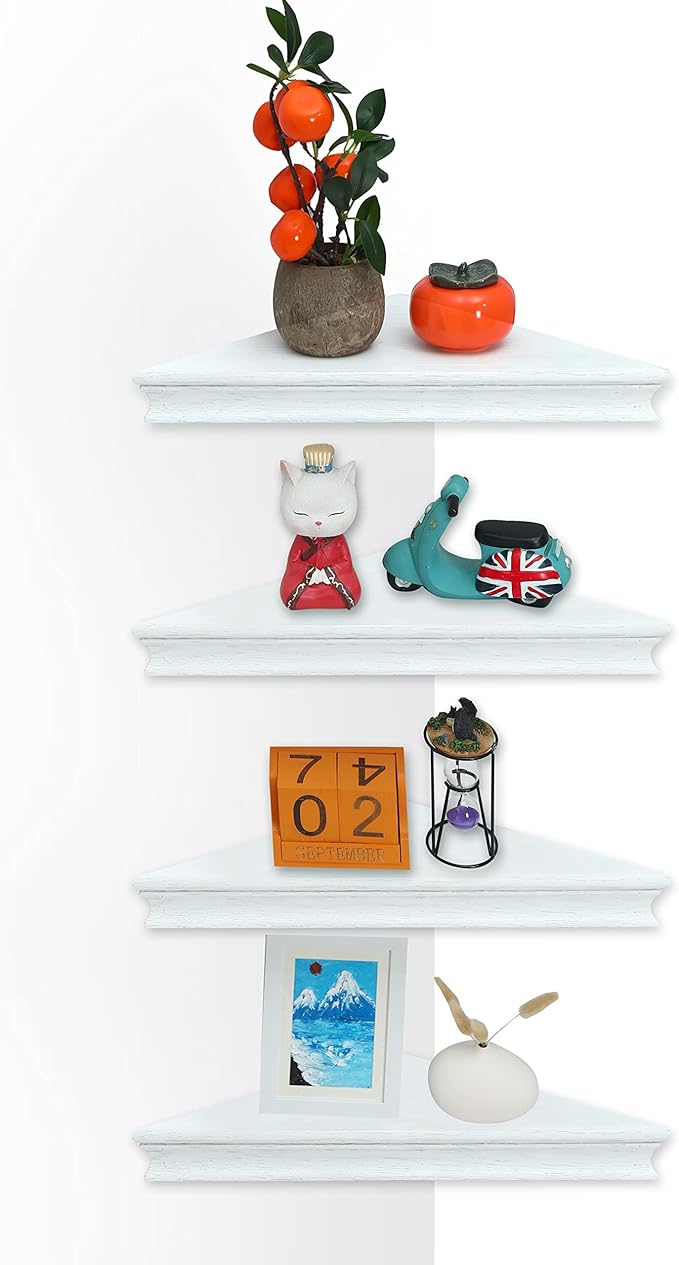 Corner Floating Shelf for Wall Set of 4,Triangular Corner Shelves Wall Mounted for Bedroom,Living Room,Bathroom,Kitchen-White