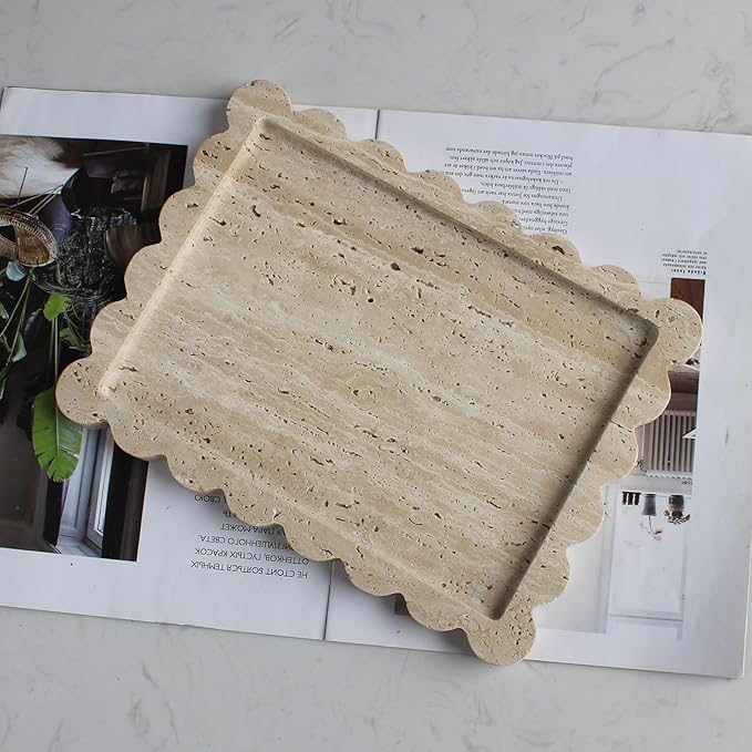 Natural Luxury Scalloped Marble Tray 10.8"x8", Rectangle Vanity Tray for Bathroom Kitchen Counter, Decorative Tray for Dresser Home Decor (Beige Travertine)