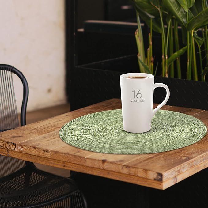 Noctiflorous 15 Inch Round Placemats Set of 6 Durable Braided Woven Heat Resistant Table Mats for Indoor Outdoor Non Slip Dining Table Place Mats(Green, 6)