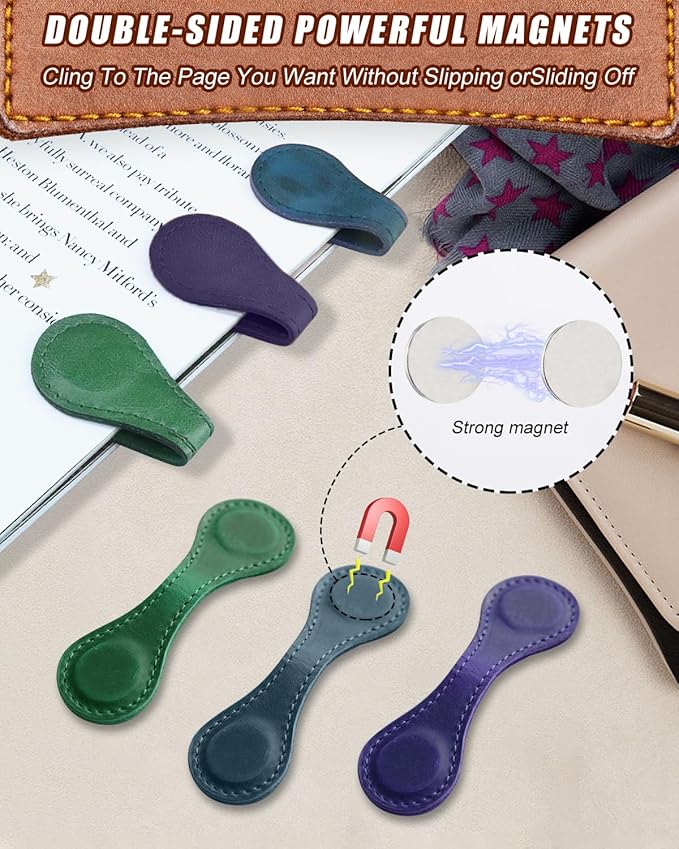3Pcs Magnetic Leather Bookmarks for Women & Men, Vintage Faux Leather Book Mark, Double-Sided Magnetic Bookmarks Book Accessories, Book Lover Gifts for Father's Day Gift (Purple + Blue + Green)