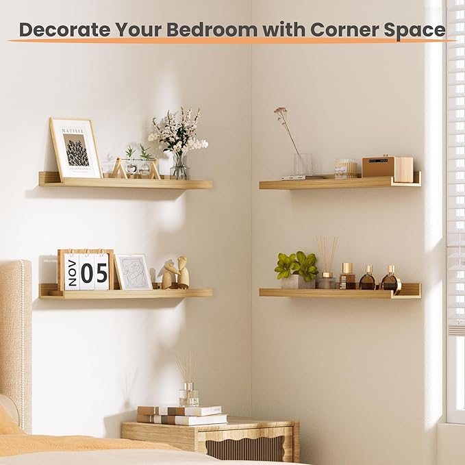 upsimples Floating Shelves for Wall, Wood Mounted Shelf Decor Storage Set of 6, for Bedroom, Living Room, Bathroom, Kitchen, 23.6 inch Long Picture Ledge, Natural