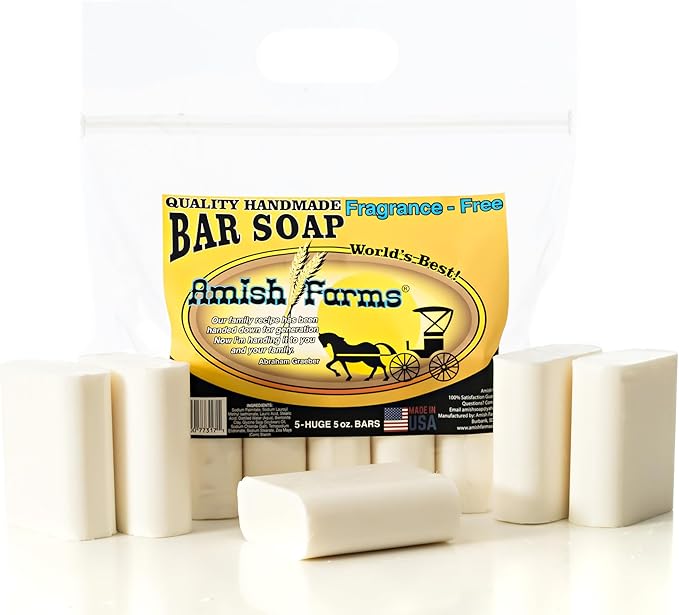 Amish Farms Fragrance-Free & Dye-Free Natural Bar Soap for Sensitive Skin (Huge 5 Bars) - Made in USA, Moisturizing Native Unscented Bar Soap (5-Pack)