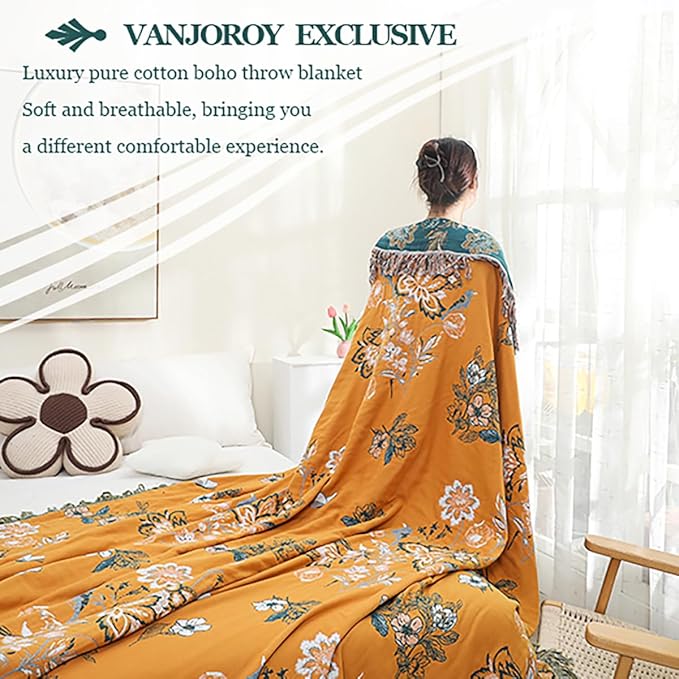 Boho Large Throw Blanket, 100% Organic Cotton Breathable Soft Bed Throw - Floral Bird Farmhouse Decor Blanket for Sofa Couch Chair Quilt and Gift. (Flower-Art, 60" x 80")