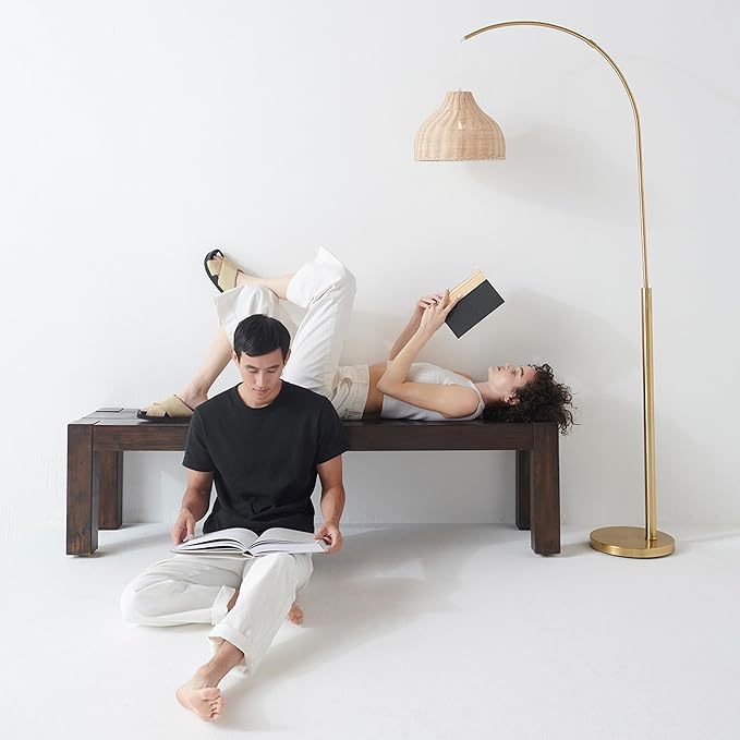 Brightech Lark Arc Lamp for Living Rooms & Offices, Floor Lamp with Unique Hanging Wicker Shade, Standing & Tall for Bedroom Reading, Matches Boho and Other Living Room Decor, Brass