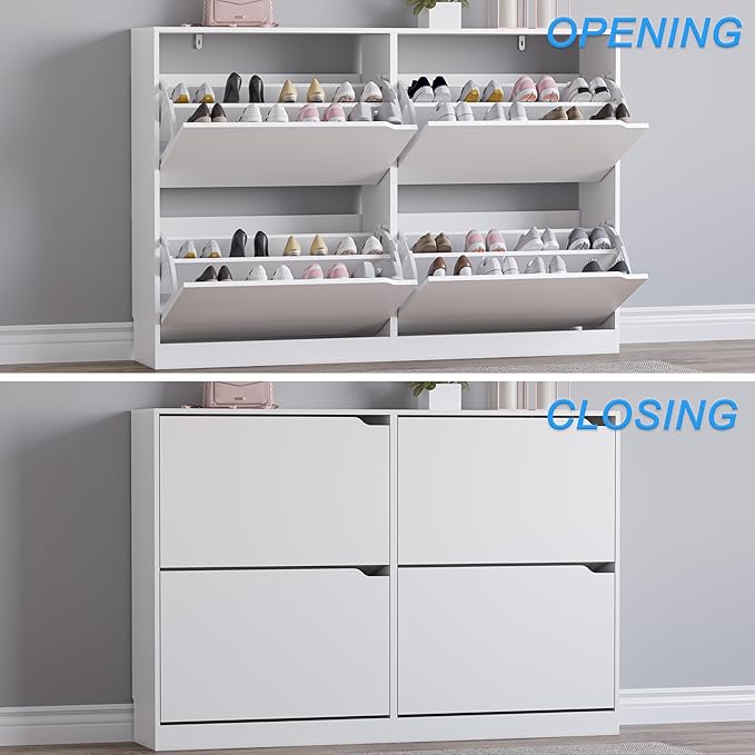 Shoe Cabinet with 4 Flip Drawers, Narrow Hidden Shoe Storage Cabinet, Slim Freestanding Shoe Rack Organizer for Entryway, Hallway, Bedroom, Living Room