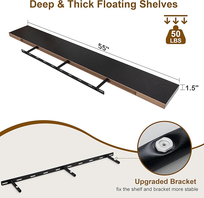 Fun Memories Floating Shelves for Wall, 55Inch Floating Shelves Set of 2, Hanging Shelf with Invisible Brackets, Wood Shelves for Living Room, Bedroom, Kitchen, Black