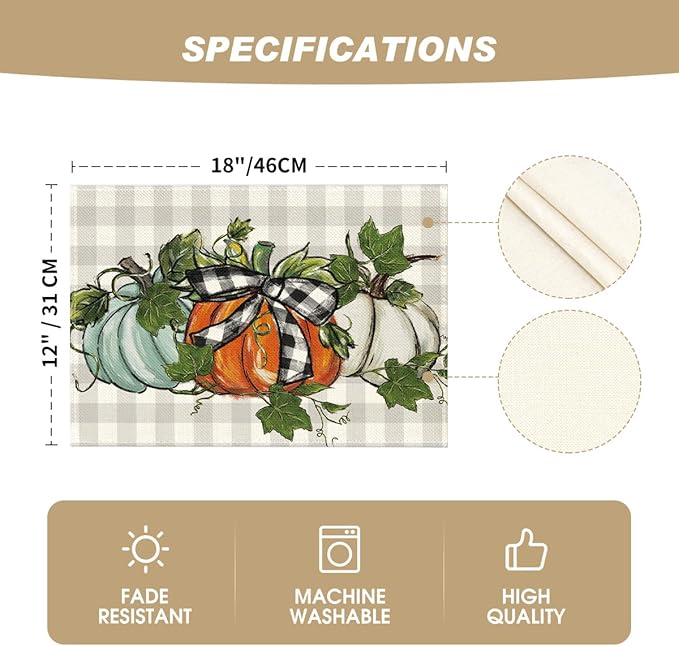 Artoid Mode Buffalo Plaid Pumpkins Leaves Fall Placemats Set of 4 for Table Runner, Kitchen Dining Table Decoration for Indoor Party 12x18 Inch
