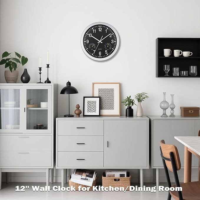 AYRELY® 12 inch Silent Wall Clock with Temperature & Humidity – Battery Operated Decorative Clock for Home, Kitchen, Bedroom (Black, 12 inch)