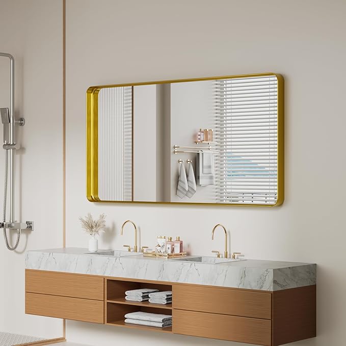 Koonmi Gold Bathroom Mirror for Wall, 30x60 Inch Matte Metal Deep Framed Rounded Corner Wall Mirror, Shatterproof Tempered Glass for Farmhouse Bedroom Entryway, Vertically or Horizontally
