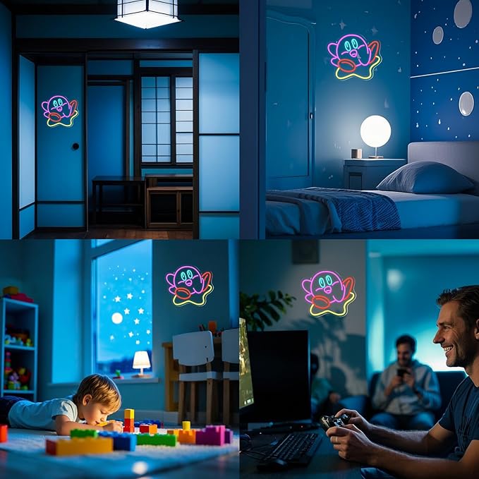 Cute Kirbee Neon Sign Dimmable Japanese Anime Led Signs for Wall Decor LED USB Powered Gaming Neon Light Sign for Kids Bedroom Game Room Decoration Gamer Fans Birthday Gifts