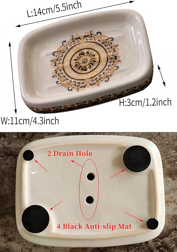 Ceramic Soap Dish Creative Ice Crack Ceramic French Sunflower Pattern Soap Dish Holder for Bathroom and Shower Soap Tray Box with Drain Gift for Mum Family