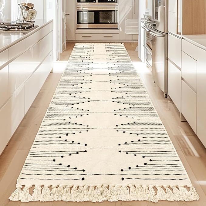 Tritard Boho Hallway Runner Rug 2x12 - Washable Lightweight Area Rug Farmhouse Aztec Cotton Long Rugs with Tassels Kitchen Bathroom Woven Low Pile Thin Carpet for Entryway, Bedroom, Beige Cream