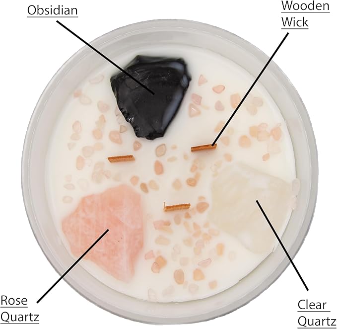 Rose Quartz & Clear Quartz 3-Wick Meditation Candle - Attract Love & Abundance - Obsidian Crystal Inside (Wooden Wick, White)