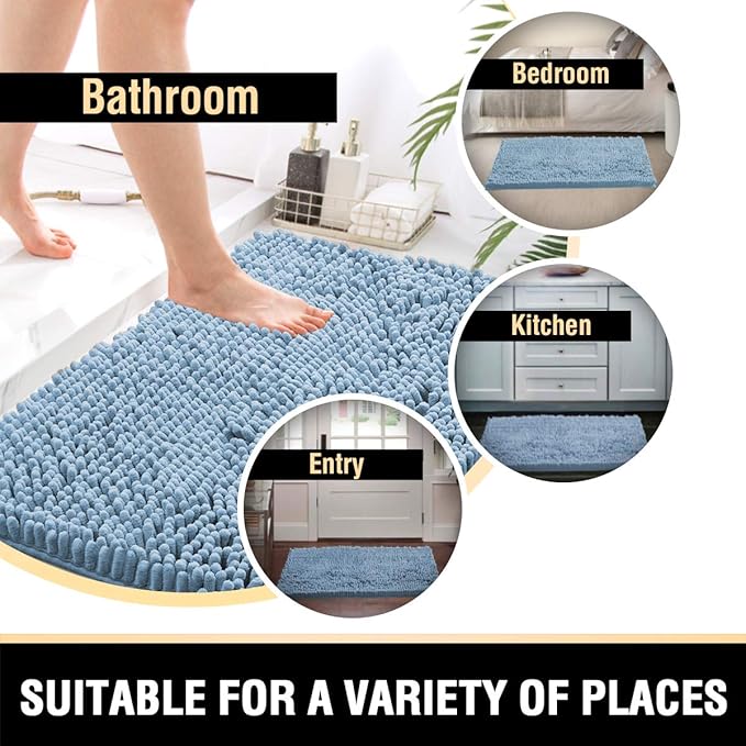 H.VERSAILTEX Bath Mat, Non Slip Luxury Chenille Bathroom Rugs, Extra Soft Absorbent Shaggy Bath Mat Rugs, Washable Fast Dry, 2 Piece (Cool Blue, 24" x 36"/20" x 32")